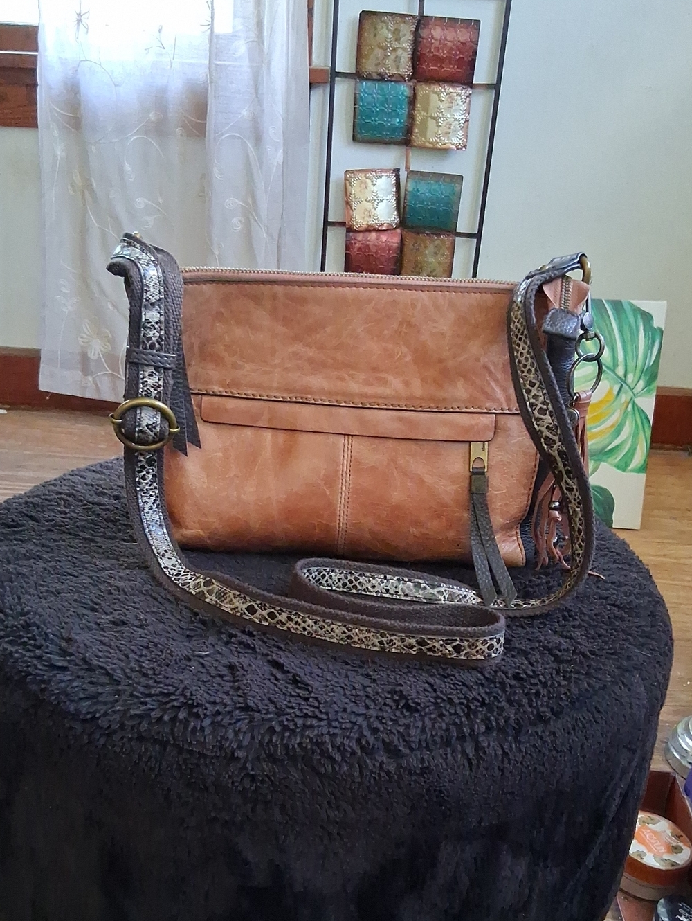 Tan And Brown Leather Crossbody Bag with Snake-Trim Strap